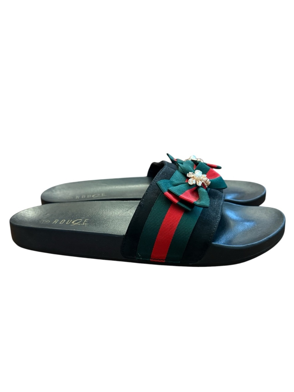 Rouge Helium Bee Bow Slide Sandals Black Striped 12 Rose Gold Rhinestones Pearl - Picture 8 of 12